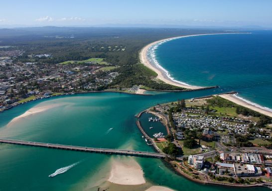 Aerial view of the beautiful Forster-Tuncurry coastline on the NSW North Coast.